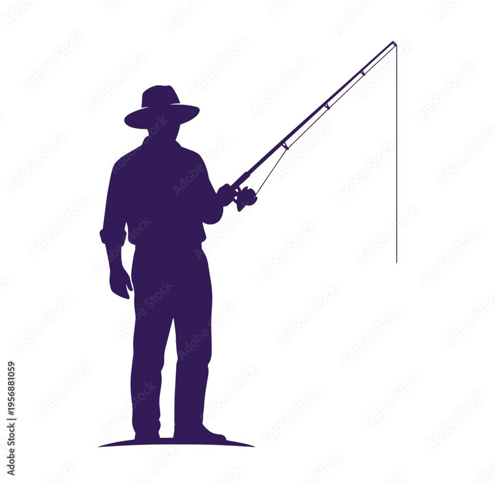 Naklejka premium man in hat holding fishing rod and line isolated on transparent background