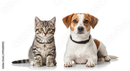Cute tabby kitten and Jack Russell Terrier dog sitting together on a white background, looking at the camera.