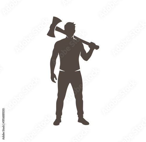 man in a collared shirt and pants holding an axe over his shoulder in a neutral stance