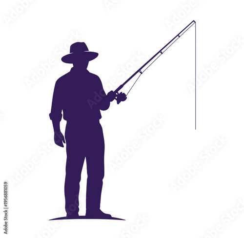 man in hat holding fishing rod and line isolated on transparent background