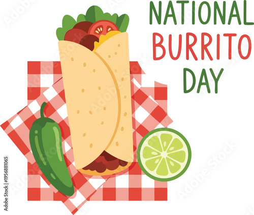 National Burrito Day Celebration Illustration Featuring Fresh Mexican Food Wrap With Lime And Jalapeno Pepper
