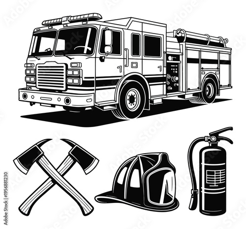 Fire Truck, Helmet, Axes, and Fire Extinguisher