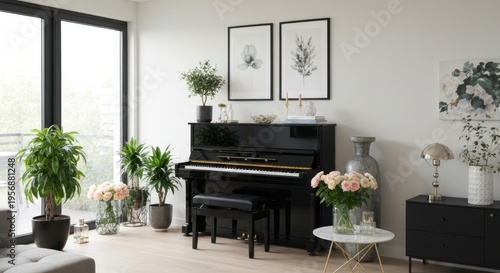 Elegant living room with piano and natural light.