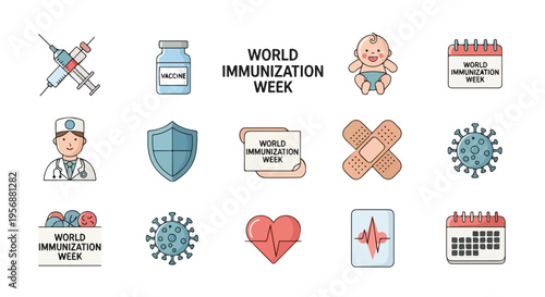 Flat lay illustration of World Immunization Week icons including syringe, vaccine, shield, and calendar on white background