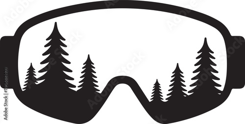 Ski goggles silhouette icon with forest reflection for winter sports and outdoor adventure design