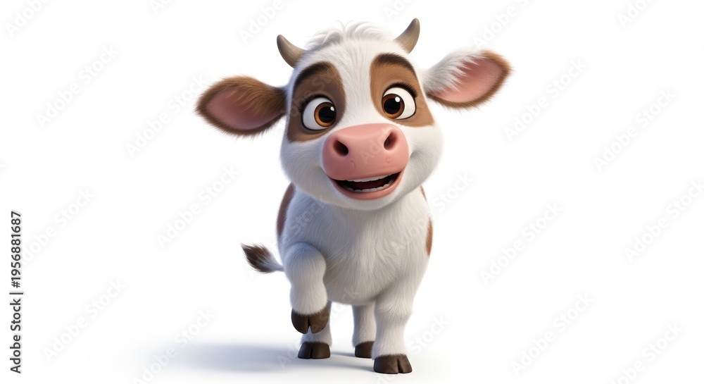 Fototapeta premium A cute, happy cartoon calf with brown and white spots, walking forward on a white background.