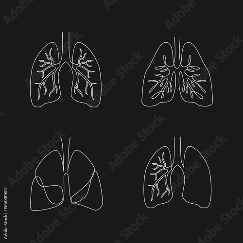 Human Lungs Line Art Illustrations Set - Minimalist Respiratory System Anatomy Vector
