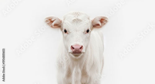 A close-up portrait of a cute, young white calf with a pink nose looking directly at the viewer against a clean white background.