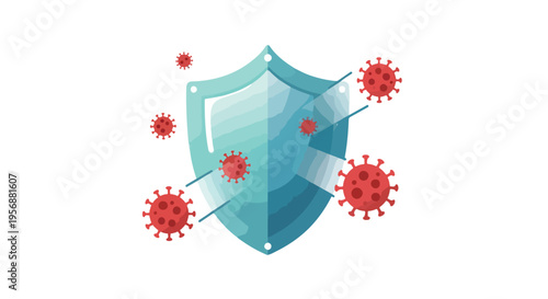 Graphic illustration of a blue shield deflecting red virus particles on a white background for International Day of Mathematics with a protective theme