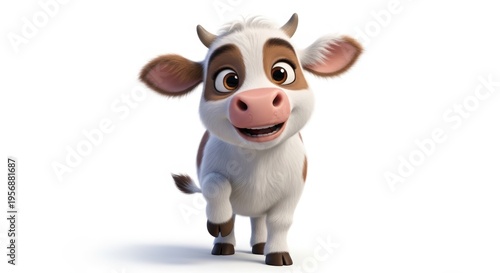 A cute, happy cartoon calf with brown and white spots, walking forward on a white background.