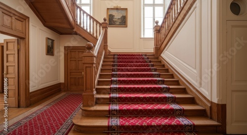 Elegant Staircase with Red Carpet in a Historic Building.