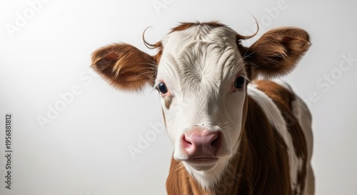 A close-up studio portrait of a young brown and white calf with small horns looking directly at the camera against a plain white background.