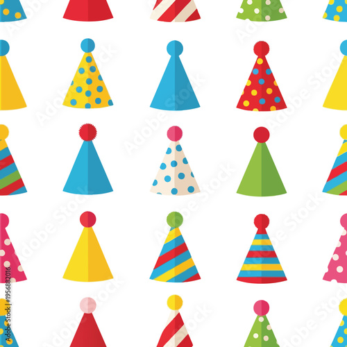 A repeating pattern of colorful, flat-design party hats with pom-poms