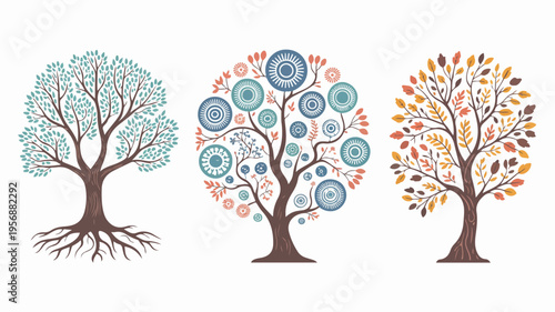 Colorful tree of life vector illustration with roots and leaves, nature growth concept symbolizing balance, harmony and environmental connection