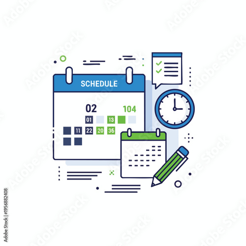Flat design illustration of scheduling with calendars, clock, and pencil