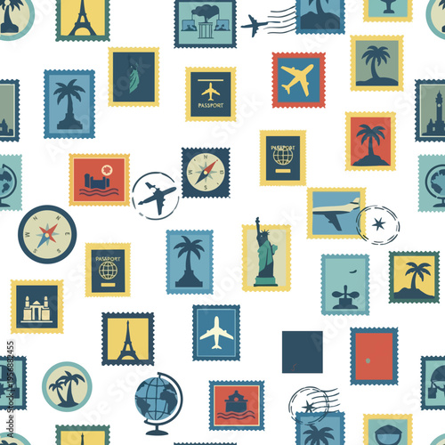 Seamless pattern of travel-themed postage stamps featuring landmarks, planes, and passports