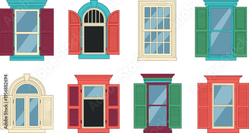 Vintage colorful window collection with shutters vector illustration classic house facade frames architectural elements decorative design set isolated bundle pack
