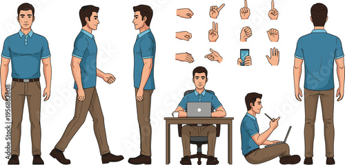 Casual Man Character Vector Set with Different Poses, Walking, Sitting, Working and Hand Gestures for Everyday Lifestyle Illustration and Animation Design