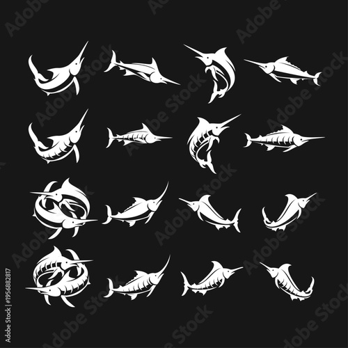 Marlin and Swordfish Vector Icons Set - Marine Sport Fishing Logos and Silhouettes