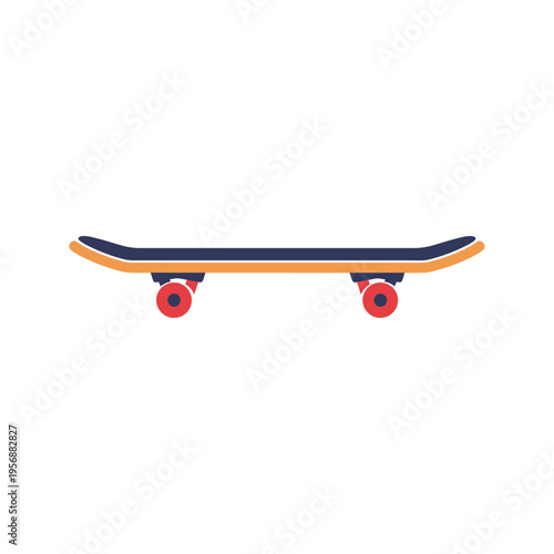 Skateboard with red wheels and trucks.