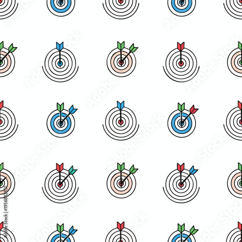 Repeating pattern of colorful dartboards with arrows hitting the bullseye