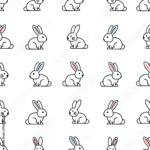 A seamless pattern of minimalist white rabbits with black outlines and colored ears