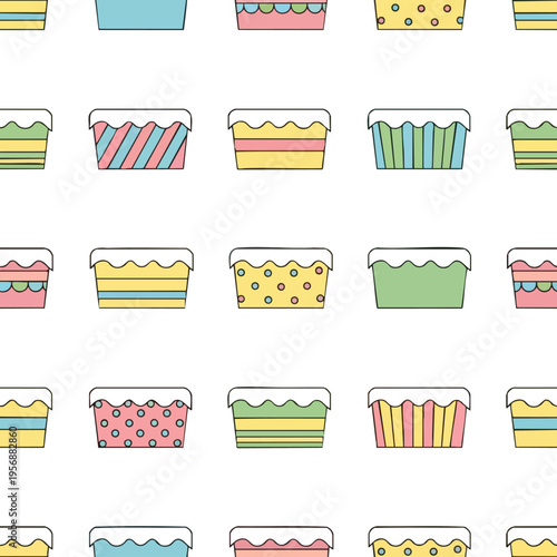 A repeating pattern of colorful, simple cake shapes on a white background