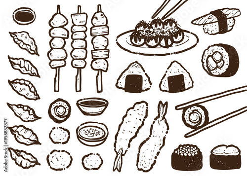 Hand-drawn vector illustration set of Japanese appetizers, sushi, tempura prawns, onigiri rice balls, yakitori, takoyaki, gyoza in sketch style for food shop, branding, menu, cafe, restaurant.