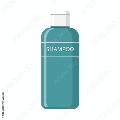 Teal shampoo bottle with white flip-top cap and horizontal white band