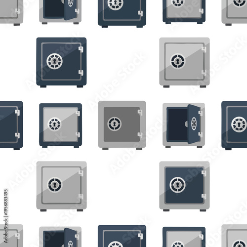Pattern of metallic safes, some open, some closed, various colors