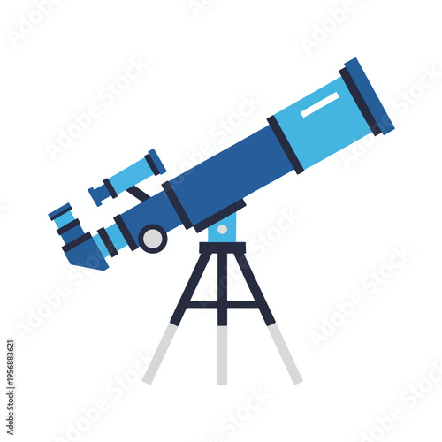 Blue and cyan refracting telescope on tripod, isolated on white background