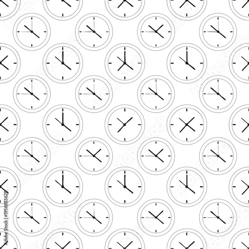 A seamless pattern of clock faces with varying hand positions on a white background