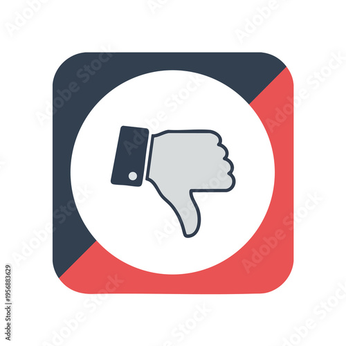 Icon of a hand showing thumbs down, within a white circle on a red and navy square