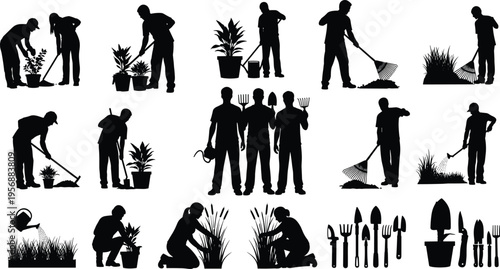 Black silhouette collection of gardeners with tools, watering plants, raking leaves, digging soil, planting, and trimming vegetation, symbolizing teamwork, plant care, and outdoor activity.