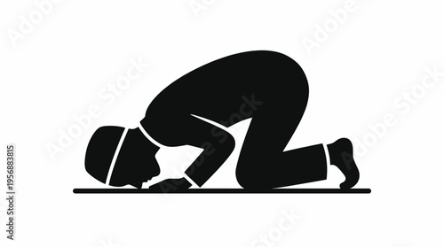 Black silhouette of a Muslim man prostrating in prayer on a white background, depicting an act of worship.