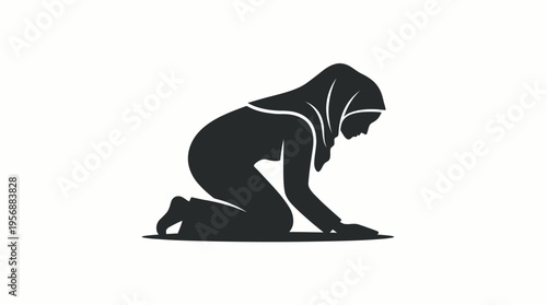 Silhouette of a Muslim woman in hijab kneeling in prayer or prostration on a white background, depicting devotion and worship.
