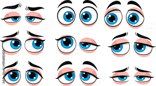 Cartoon-style eye expressions with blue irises, varied gaze directions, and eyebrow shapes, symbolizing emotions, visual cues, and character design in illustration.