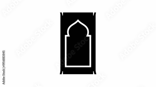 Minimalist black silhouette icon of a Muslim prayer mat with an arch design, symbolizing worship and devotion in Islam.