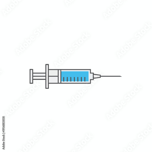 Stylized flat icon of a syringe with blue liquid inside on white
