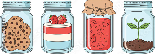 Creative glass jar collection featuring cookies, layered dessert with strawberries, fruit jam with paper lid, and sprouting plant, symbolizing storage, food, and growth.