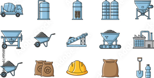 Flat vector illustration set of construction industry icons featuring cement mixer trucks silos wheelbarrows safety helmets factory buildings sandbags and heavy machinery equipment for engineering.