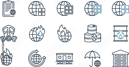 Vector line icon set of global environmental hazards climate change global warming gas masks flammable oil barrels logistics and ecological storage symbols for industry.
