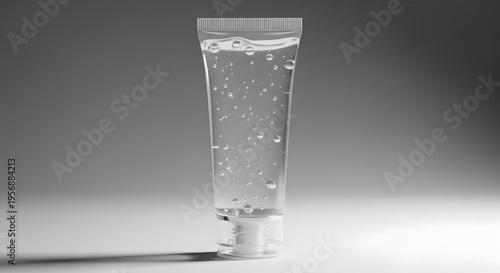 Clear cosmetic tube of transparent gel with bubbles an unbranded product packaging mockup on a simple grey background