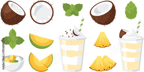 Coconut and Pineapple Smoothie Set with Fresh Tropical Fruits, Juice Glasses, Mint Leaves, and Healthy Beverage Elements for Summer Drink Illustration and Nutrition Design