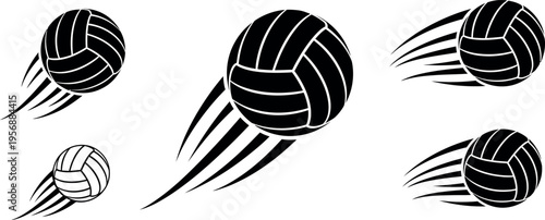 Collection of dynamic volleyball illustrations in motion with varying sizes and angles