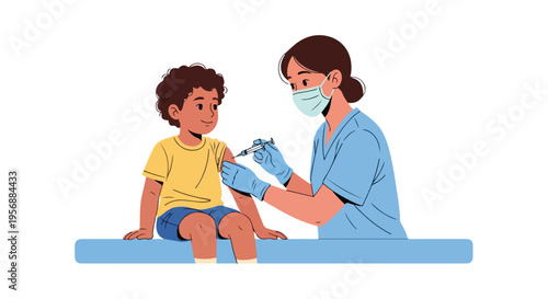 A young boy receives a vaccination from a female doctor on International Day of Mathematics with a syringe and medical supplies