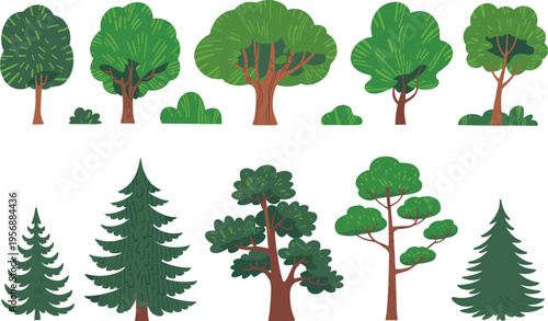 Cartoon tree collection, forest plants illustration set, green nature elements, different tree types, hand drawn style, woodland clipart isolated background