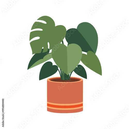 A stylized green plant with large, split leaves in a terracotta pot