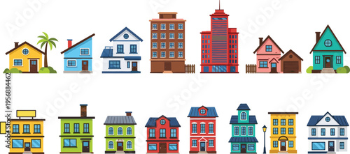 Collection of Colorful House Icons Featuring Suburban Residential Homes, Modern Apartment Buildings, City Skyscrapers, Townhouses, Cottage Styles, and Urban Real Estate Architectural Design Elements