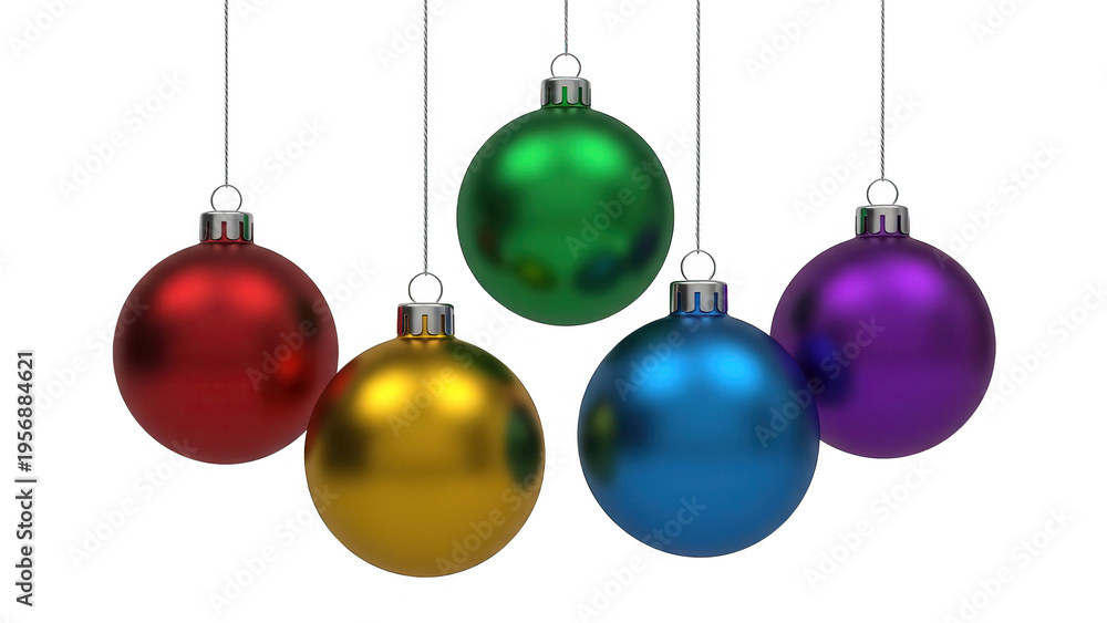 Obraz premium Colorful christmas ornaments hanging from strings on transparent background